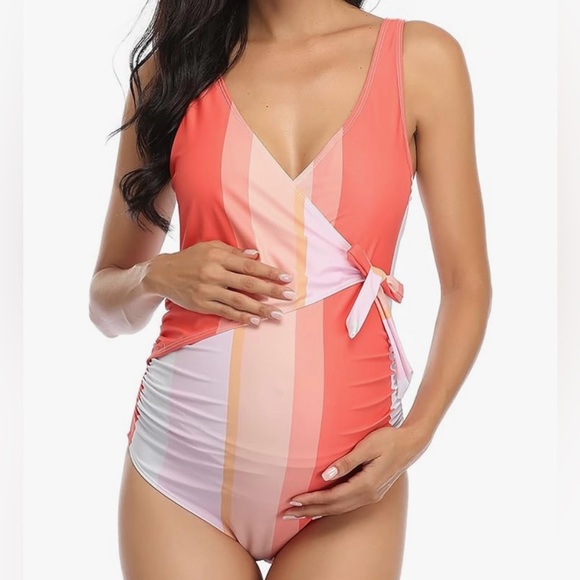Maternity Pink and Orange One Piece Swimsuit - Picture 1 of 5